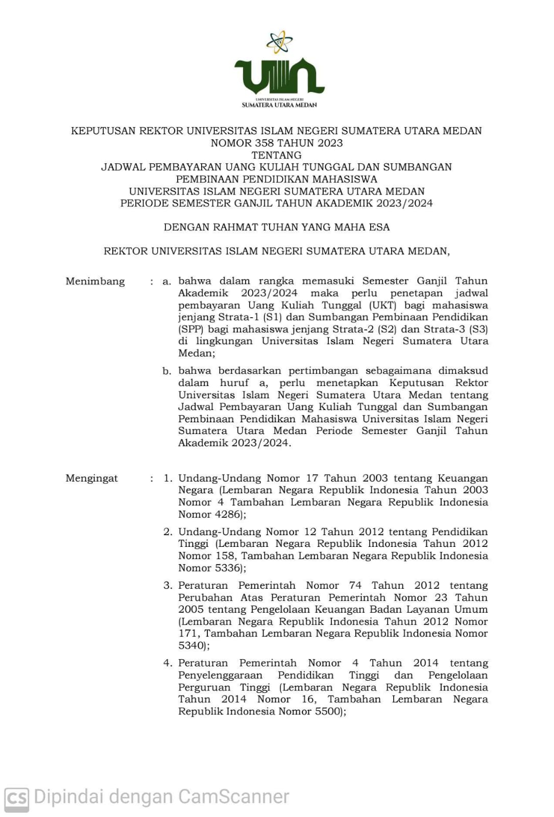 Jadwal Pembayaran Uang Kuliah Tunggal dan Sumbangan Pembinaan Pendidikan Mahasiswa  UIN SU Medan Periode Semester Ganjil T.A 2023/2024