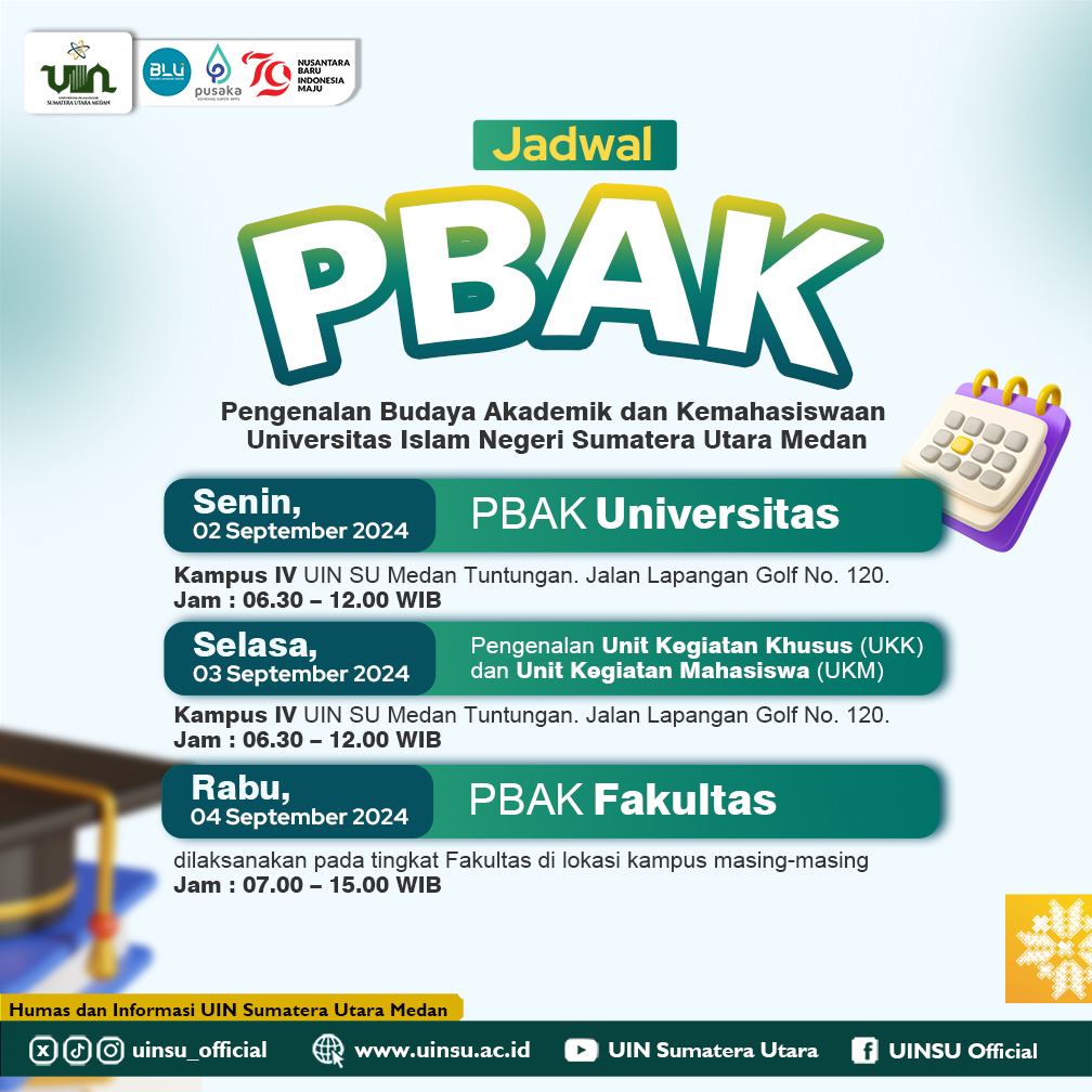 Pengenalan Budaya Akademik dan Kemahasiswaan (PBAK) Bagi Mahasiswa Baru Tahun Akademik 2024/2025 Universitas Islam Negeri Sumatera Utara Medan